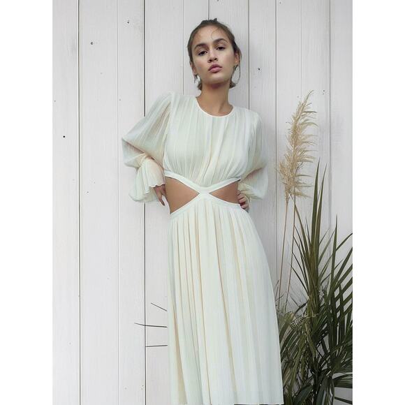 Zara Dresses & Skirts - Zara Cutout Pleated Midi Dress Medium Ivory Cream Long Sleeve Flowy Cottagecore